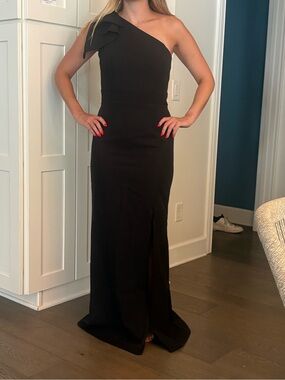 Stacees brand, Asymmetrical One-Shoulder Black Evening Dress with Shoulder Bow